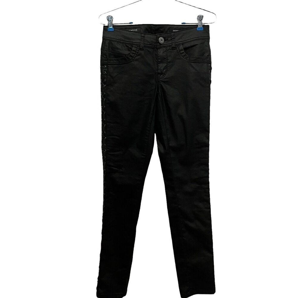 Cache Vintage Skinny Stretch Waxed Cotton Faux Leather Look Lace Up Jeans Size 2